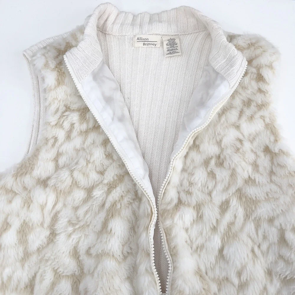 Allison Brittney Women's Faux Fur Sweater Vest Front Zip Ivory Tan Large - Picture 6 of 6